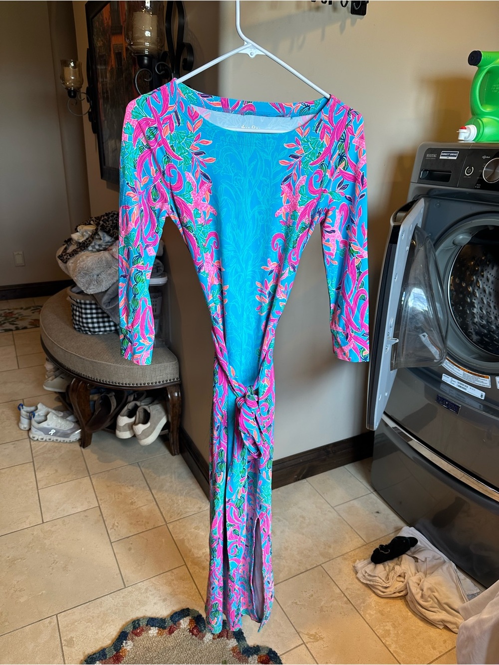Lilly Pulitzer Turquoise & Hot Pink Floral Tie-Front Maxi Dress